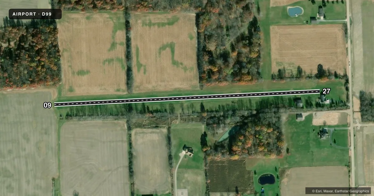 Top-down satellite sketch of D99 ROBERTSON FLD in RICHMOND, MICHIGAN, showing runways 09/27 drawn to scale over Esri World Imagery