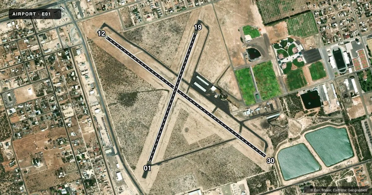 Top-down satellite sketch of E01 ROY HURD MEML in MONAHANS, TEXAS, showing runways 12/30, 01/19 drawn to scale over Esri World Imagery