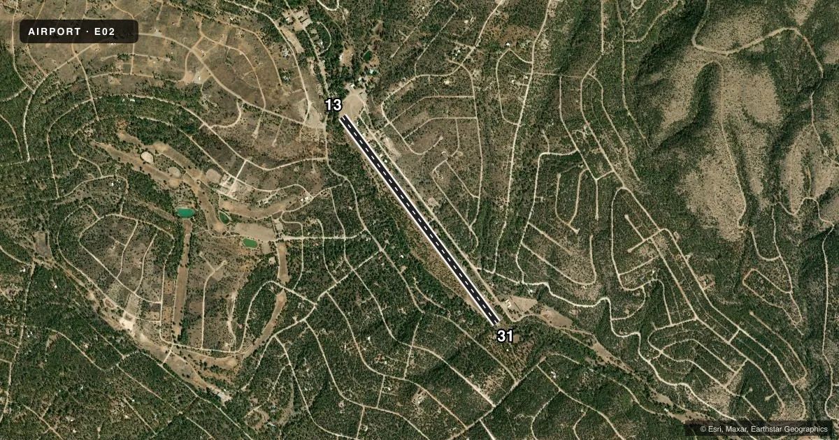 Top-down satellite sketch of E02 TIMBERON in ALAMOGORDO, NEW MEXICO, showing runways 13/31 drawn to scale over Esri World Imagery