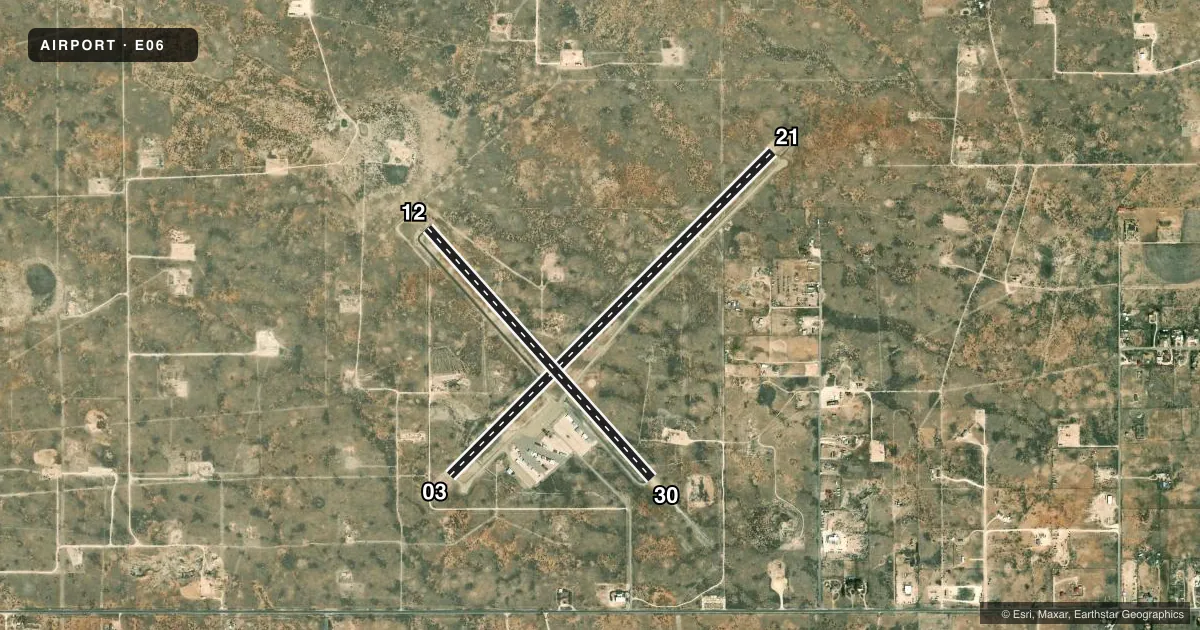 Top-down satellite sketch of E06 LEA COUNTY/ZIP FRANKLIN MEML in LOVINGTON, NEW MEXICO, showing runways 03/21, 12/30 drawn to scale over Esri World Imagery