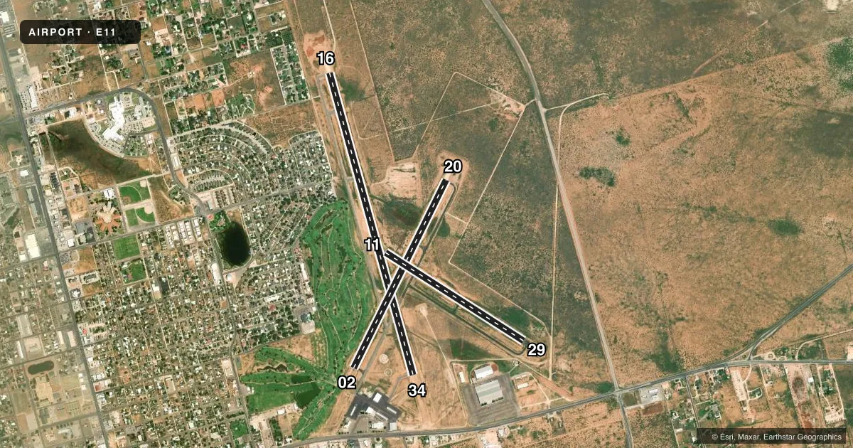 Top-down satellite sketch of E11 ANDREWS COUNTY in ANDREWS, TEXAS, showing runways 16/34, 02/20, 11/29 drawn to scale over Esri World Imagery