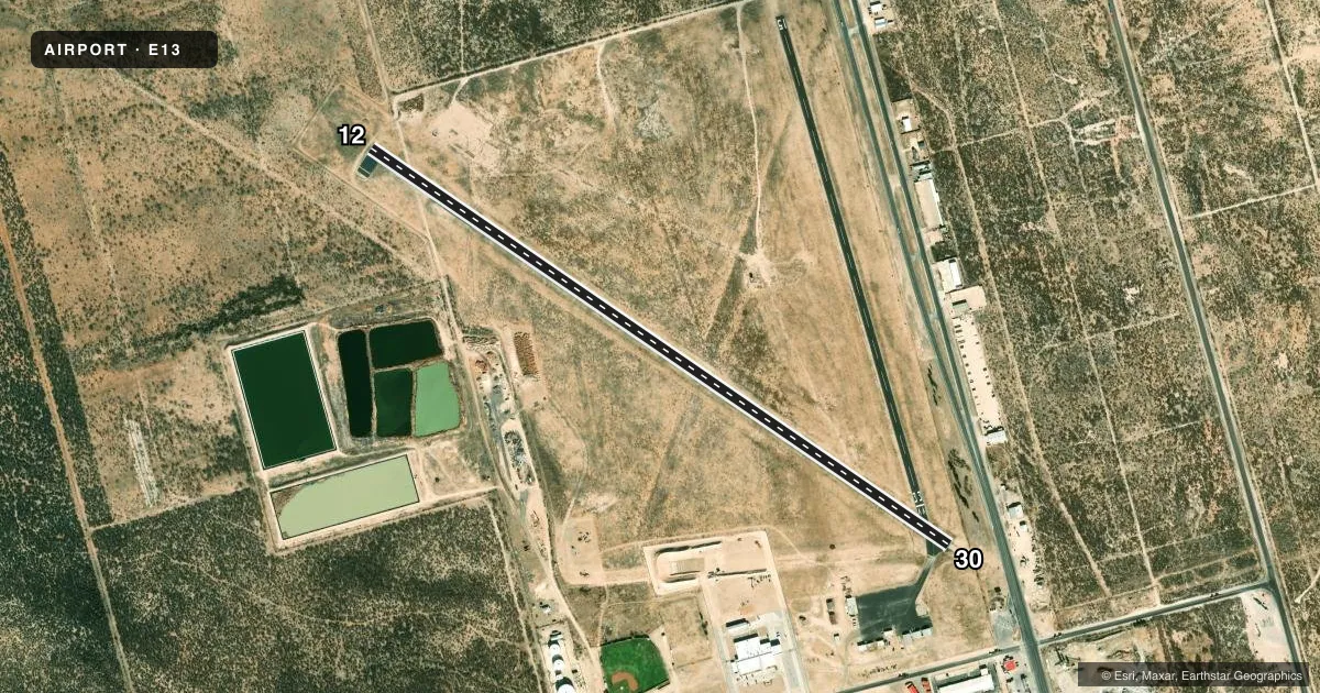 Top-down satellite sketch of E13 CRANE COUNTY in CRANE, TEXAS, showing runways 12/30 drawn to scale over Esri World Imagery