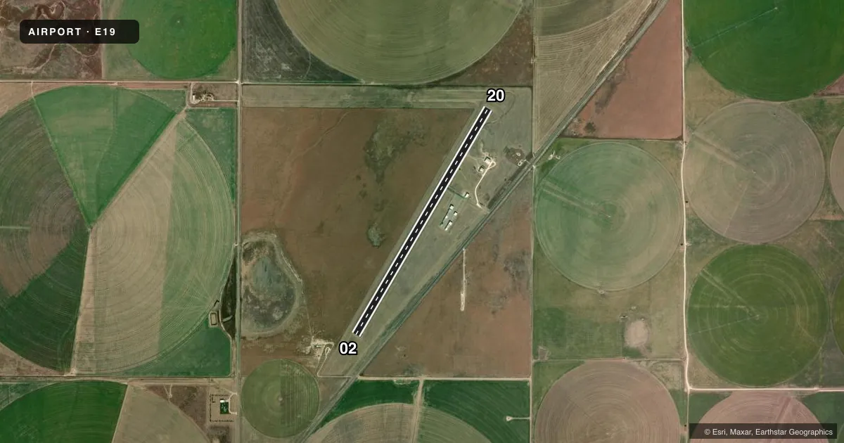 Top-down satellite sketch of E19 GRUVER MUNI in GRUVER, TEXAS, showing runways 02/20 drawn to scale over Esri World Imagery