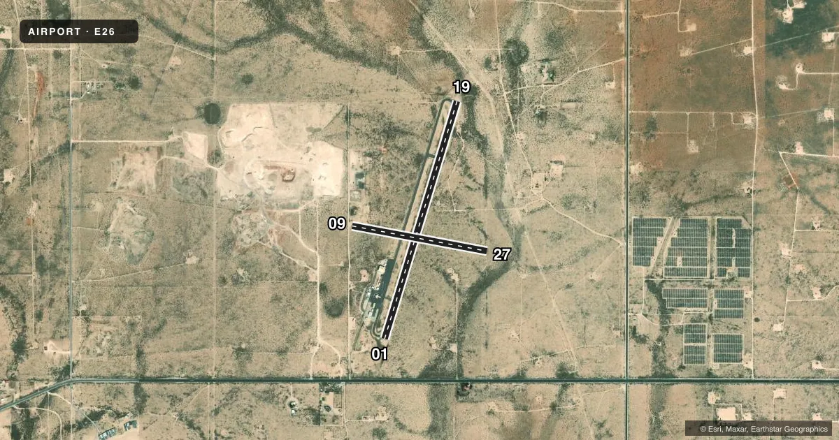 Top-down satellite sketch of E26 LEA COUNTY/JAL in JAL, NEW MEXICO, showing runways 01/19, 09/27 drawn to scale over Esri World Imagery