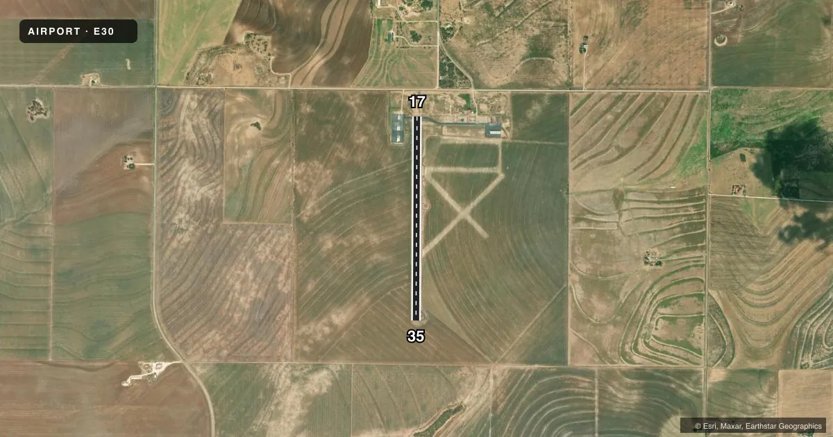 Top-down satellite sketch of E30 BRUCE FLD in BALLINGER, TEXAS, showing runways 17/35 drawn to scale over Esri World Imagery