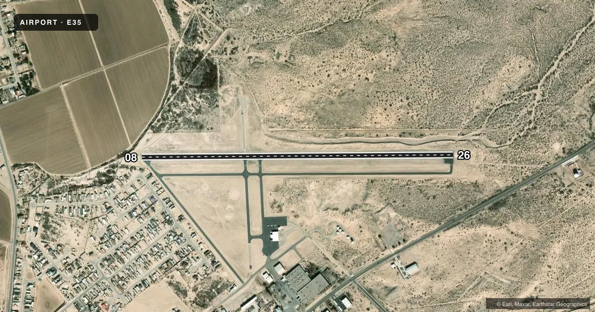 Top-down satellite sketch of E35 FABENS in FABENS, TEXAS, showing runways 08/26 drawn to scale over Esri World Imagery