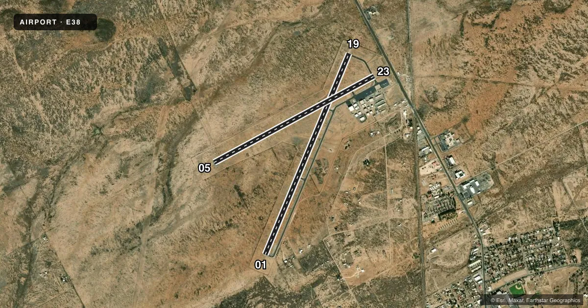 Top-down satellite sketch of E38 ALPINE-CASPARIS MUNI in ALPINE, TEXAS, showing runways 01/19, 05/23 drawn to scale over Esri World Imagery