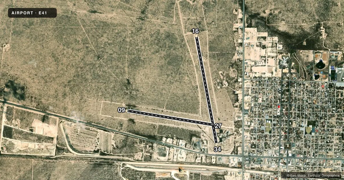 Top-down satellite sketch of E41 REAGAN COUNTY in BIG LAKE, TEXAS, showing runways 16/34, 09/27 drawn to scale over Esri World Imagery
