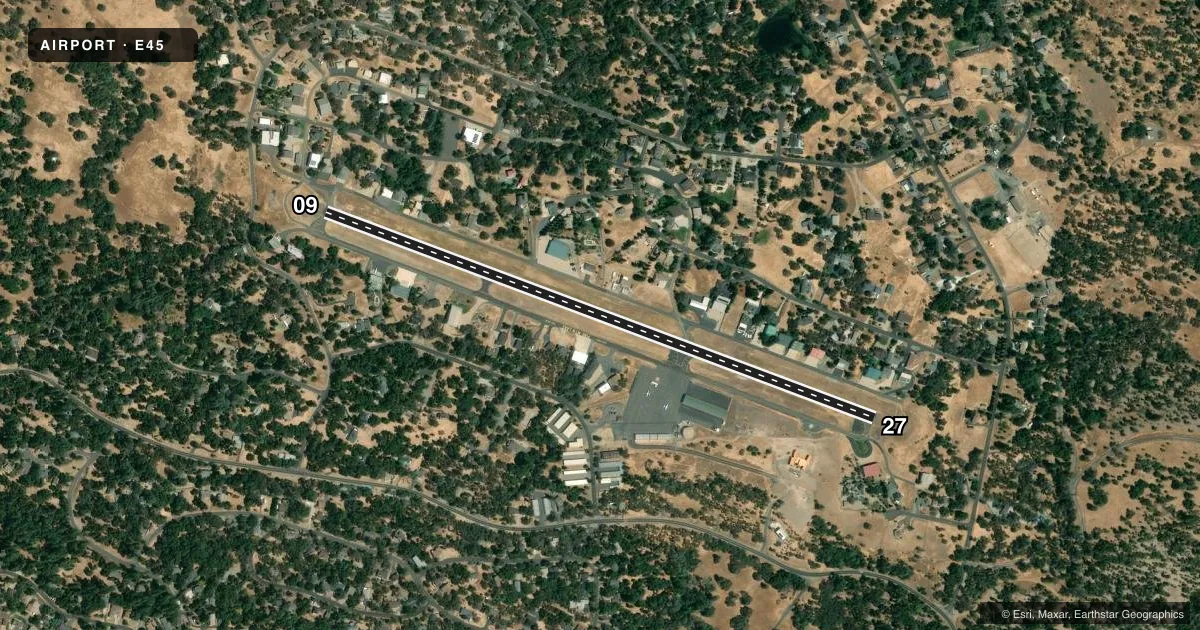 Top-down satellite sketch of E45 GROVELAND/YOSEMITE in GROVELAND, CALIFORNIA, showing runways 09/27 drawn to scale over Esri World Imagery