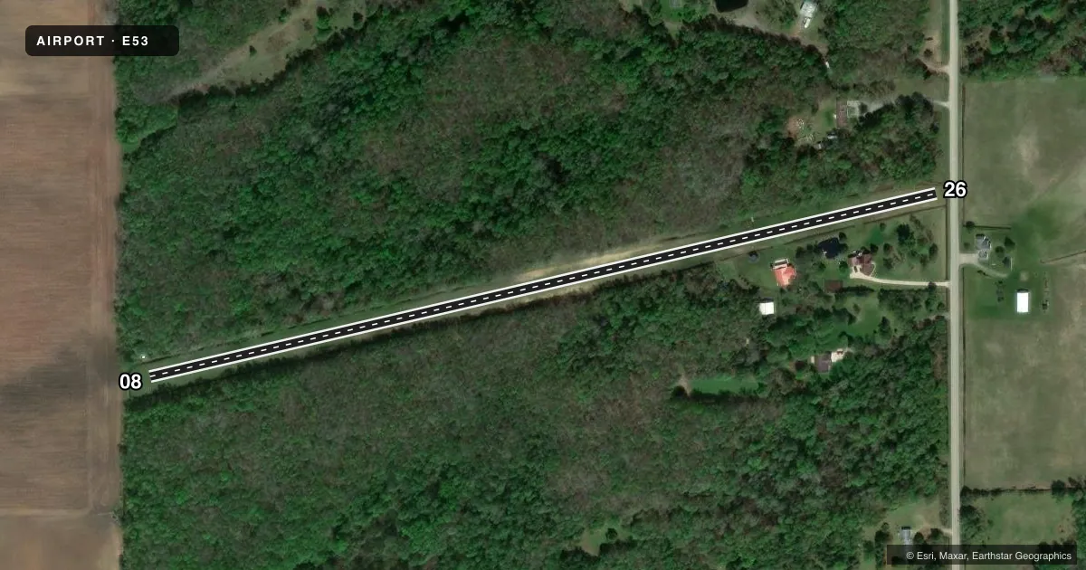 Top-down satellite sketch of E53 ENGLER FLD in BAD AXE, MICHIGAN, showing runways 08/26 drawn to scale over Esri World Imagery