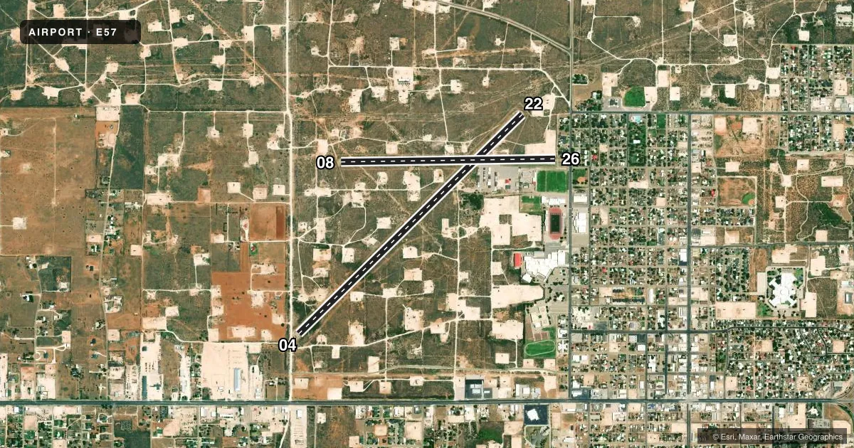 Top-down satellite sketch of E57 DENVER CITY in DENVER CITY, TEXAS, showing runways 04/22, 08/26 drawn to scale over Esri World Imagery