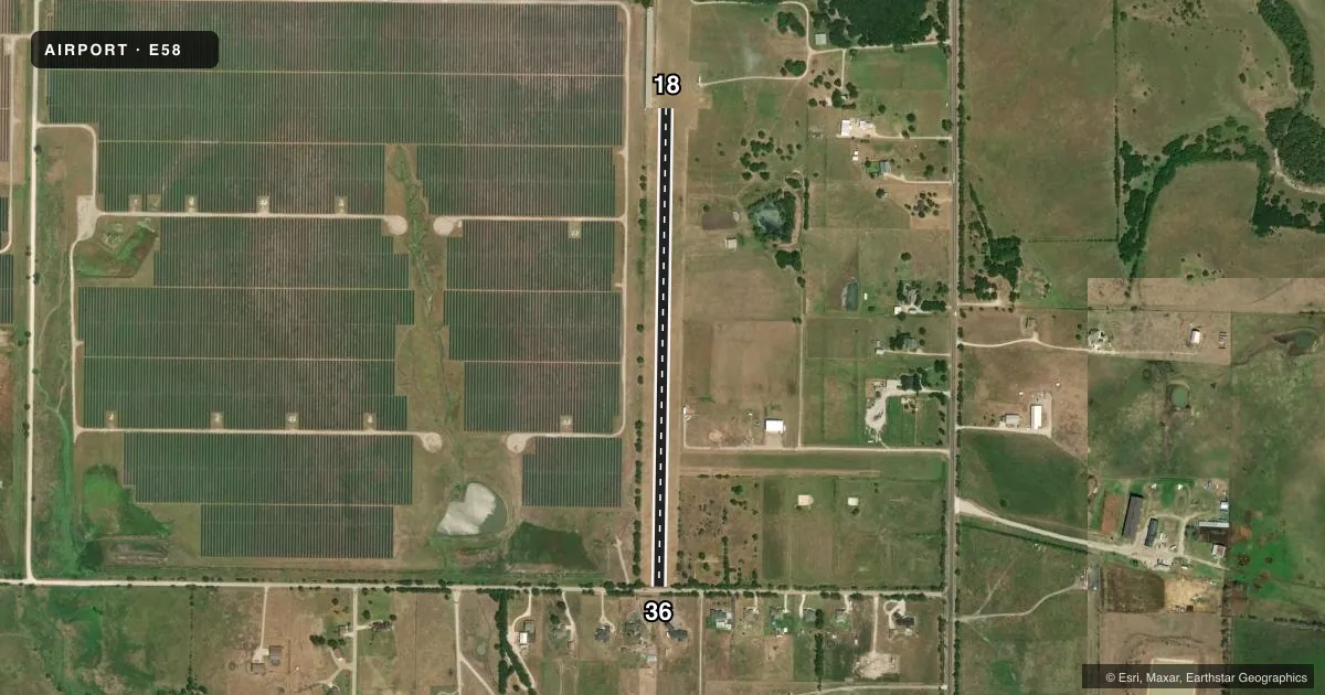 Top-down satellite sketch of E58 BIRD DOG AIRFIELD in KRUM, TEXAS, showing runways 18/36 drawn to scale over Esri World Imagery