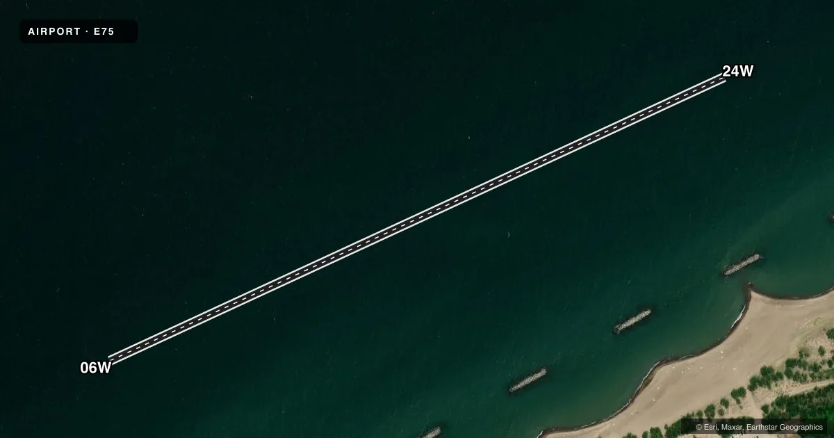 Top-down satellite sketch of E75 PRESQUE ISLE in ERIE, PENNSYLVANIA, showing runways 06W/24W drawn to scale over Esri World Imagery
