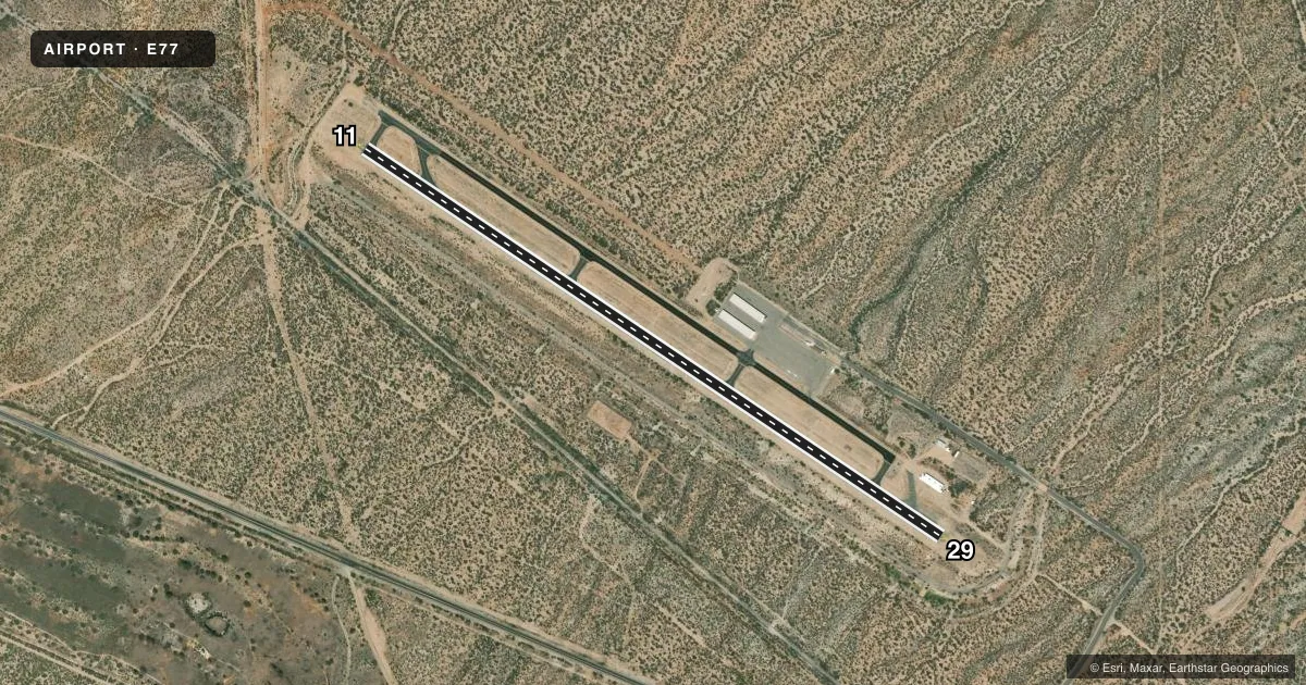 Top-down satellite sketch of E77 SAN MANUEL in SAN MANUEL, ARIZONA, showing runways 11/29 drawn to scale over Esri World Imagery