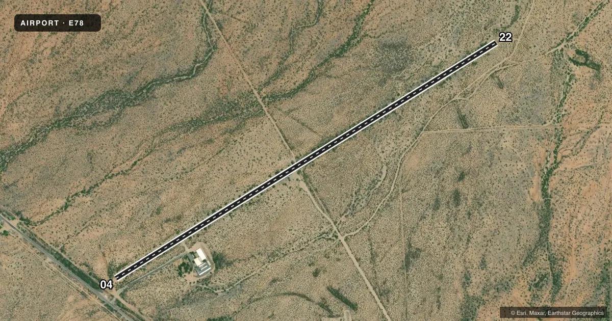 Top-down satellite sketch of E78 SELLS in SELLS, ARIZONA, showing runways 04/22 drawn to scale over Esri World Imagery