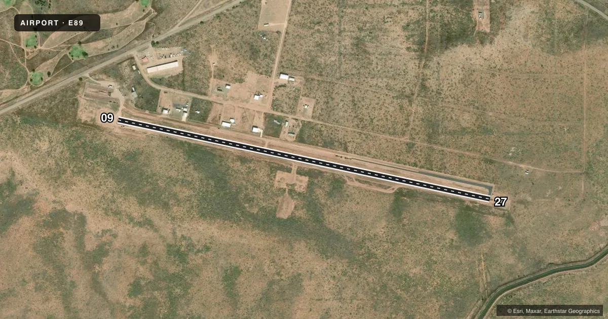 Top-down satellite sketch of E89 CONCHAS LAKE in CONCHAS DAM, NEW MEXICO, showing runways 09/27 drawn to scale over Esri World Imagery
