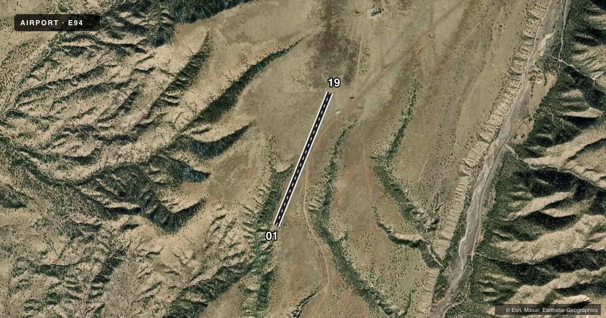 Top-down satellite sketch of E94 GLENWOOD in GLENWOOD, NEW MEXICO, showing runways 01/19 drawn to scale over Esri World Imagery