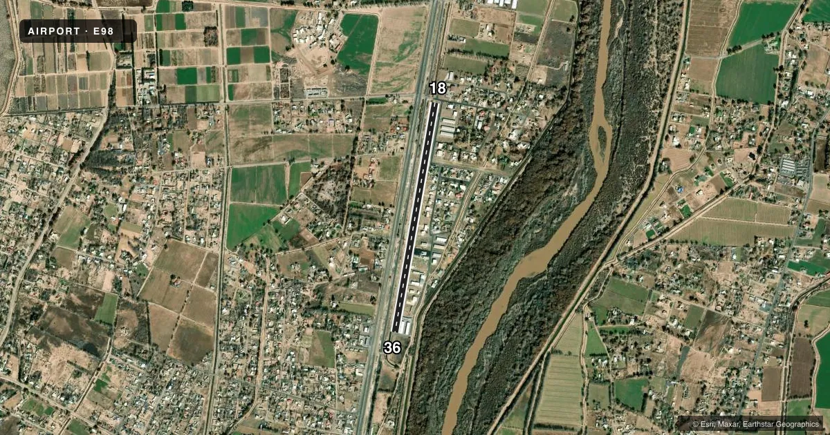 Top-down satellite sketch of E98 MID VALLEY AIRPARK in LOS LUNAS, NEW MEXICO, showing runways 18/36 drawn to scale over Esri World Imagery