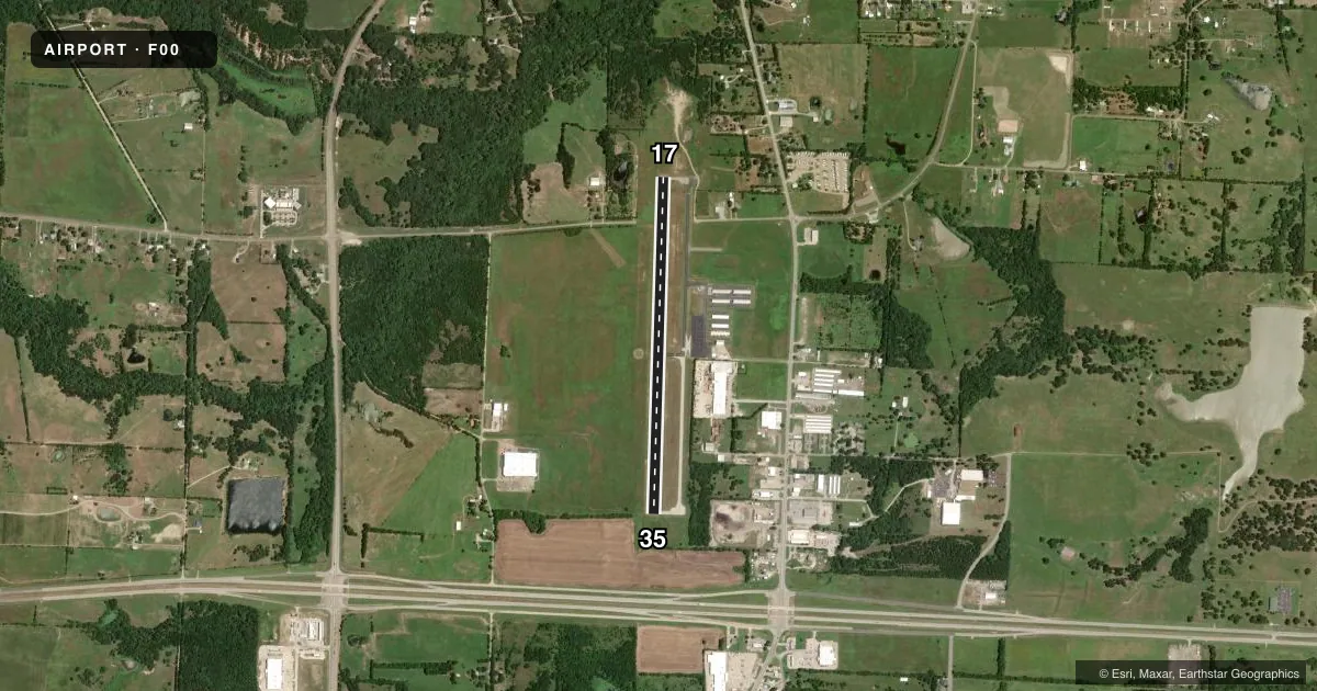 Top-down satellite sketch of F00 JONES FLD in BONHAM, TEXAS, showing runways 17/35 drawn to scale over Esri World Imagery