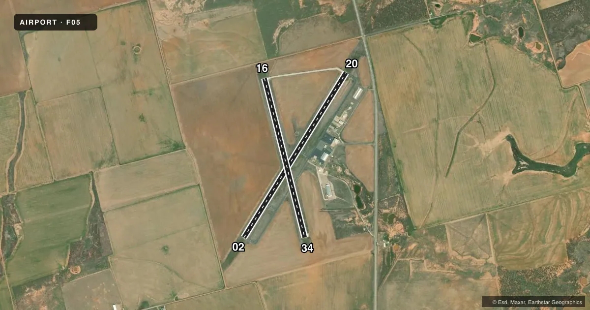 Top-down satellite sketch of F05 WILBARGER COUNTY in VERNON, TEXAS, showing runways 02/20, 16/34 drawn to scale over Esri World Imagery