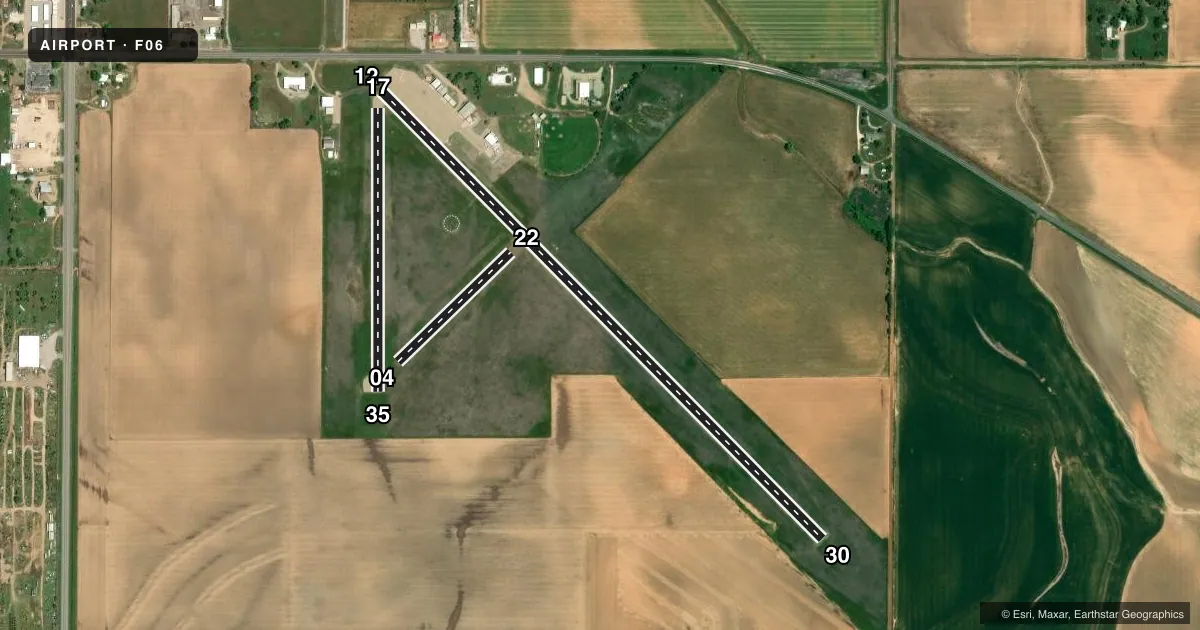 Top-down satellite sketch of F06 MARIAN AIRPARK in WELLINGTON, TEXAS, showing runways 12/30, 17/35, 04/22 drawn to scale over Esri World Imagery