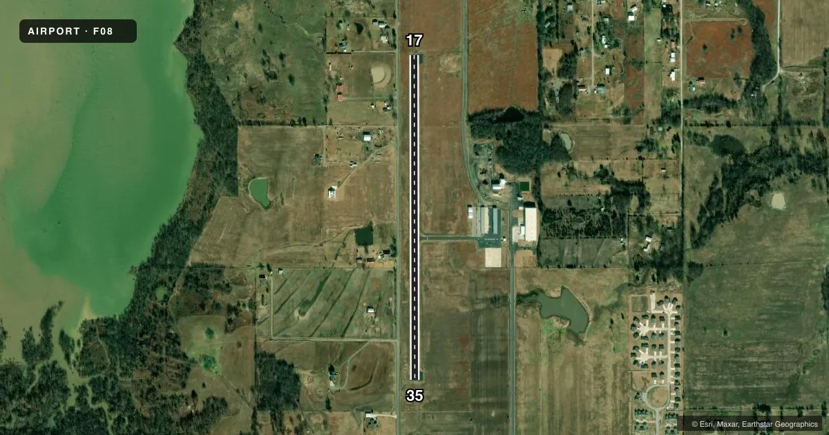 Top-down satellite sketch of F08 EUFAULA MUNI in EUFAULA, OKLAHOMA, showing runways 17/35 drawn to scale over Esri World Imagery