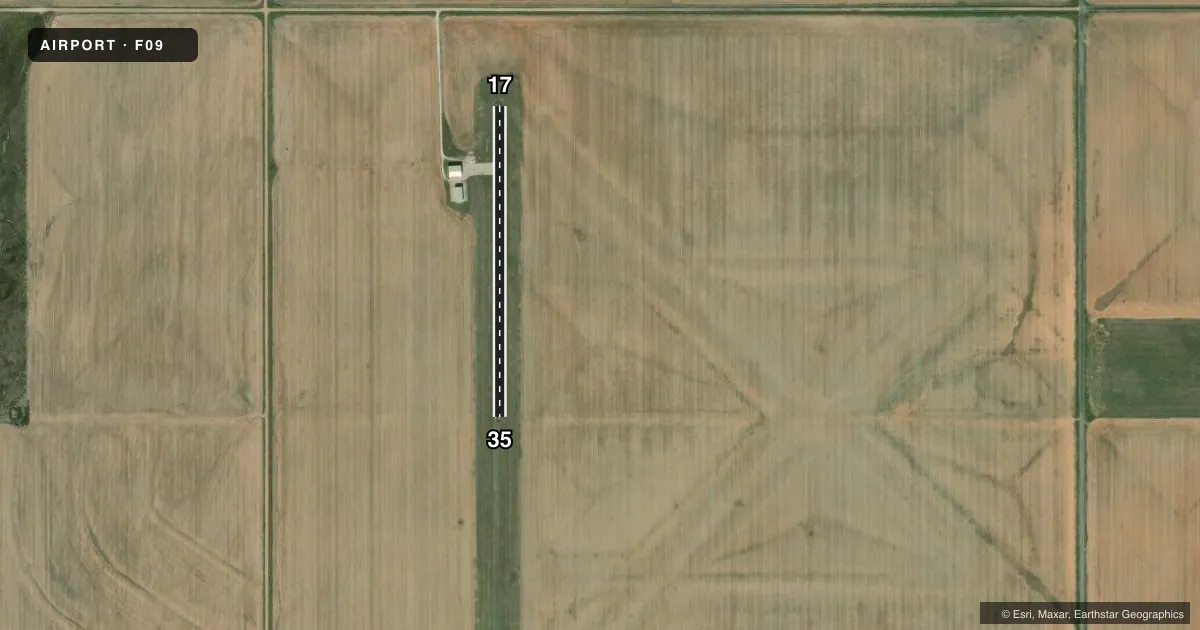 Top-down satellite sketch of F09 OLUSTEE MUNI in OLUSTEE, OKLAHOMA, showing runways 17/35 drawn to scale over Esri World Imagery