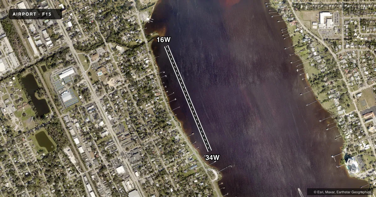 Top-down satellite sketch of F15 HALIFAX RIVER in HOLLY HILL, FLORIDA, showing runways 16W/34W drawn to scale over Esri World Imagery