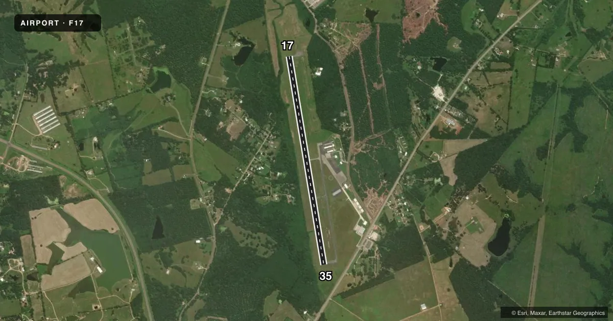 Top-down satellite sketch of F17 CENTER MUNI in CENTER, TEXAS, showing runways 17/35 drawn to scale over Esri World Imagery