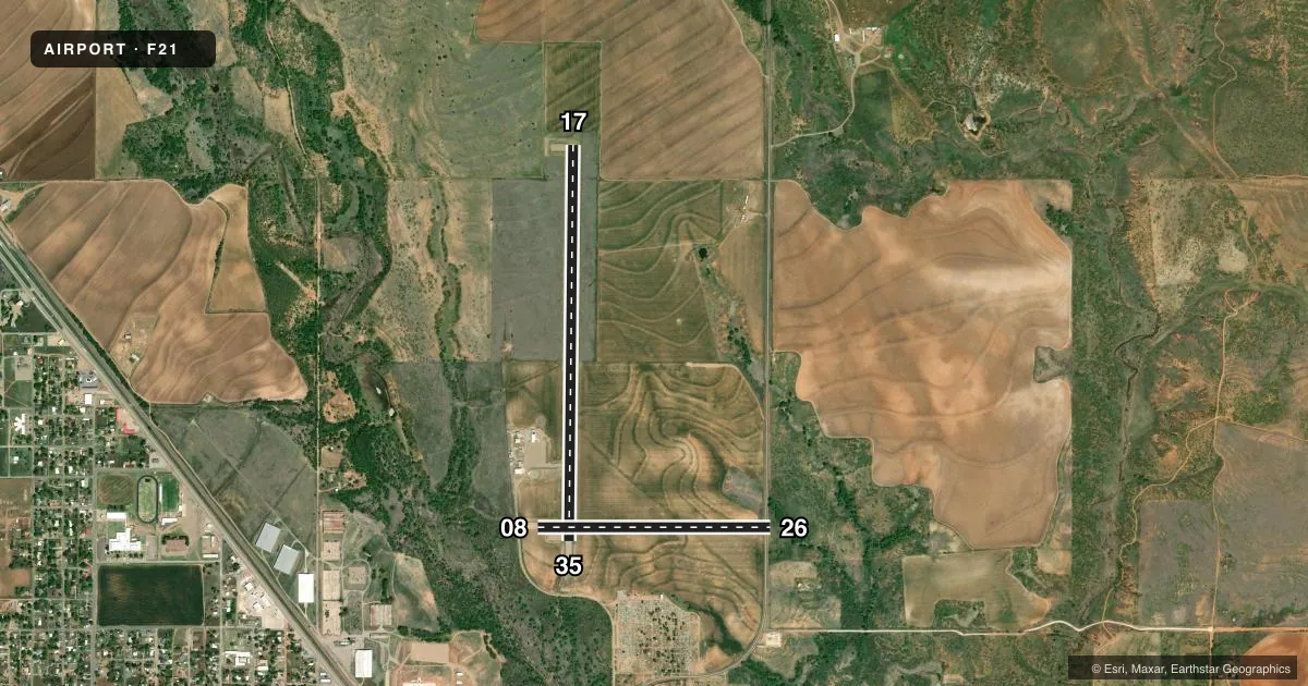 Top-down satellite sketch of F21 MEMPHIS MUNI in MEMPHIS, TEXAS, showing runways 17/35, 08/26 drawn to scale over Esri World Imagery