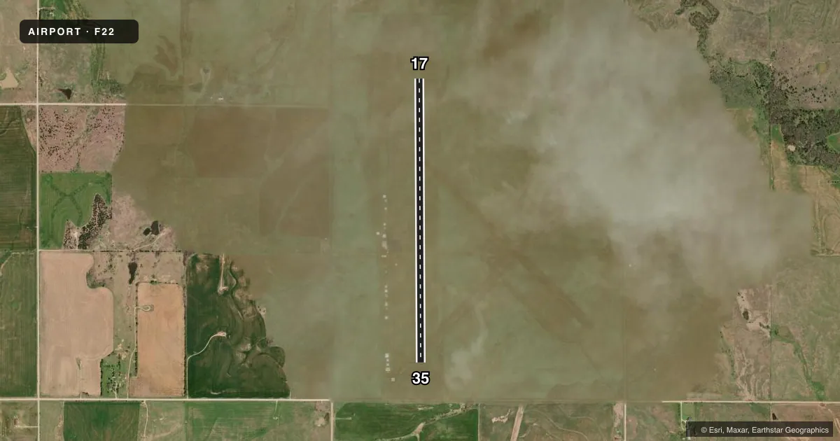 Top-down satellite sketch of F22 PERRY MUNI in PERRY, OKLAHOMA, showing runways 17/35 drawn to scale over Esri World Imagery