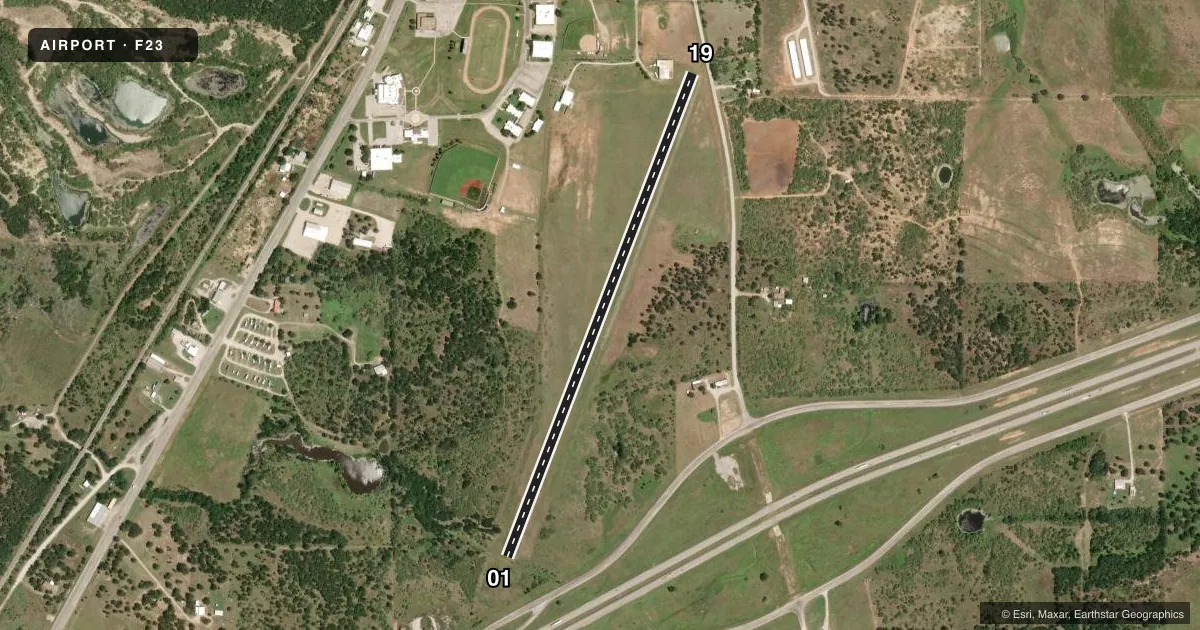 Top-down satellite sketch of F23 RANGER MUNI in RANGER, TEXAS, showing runways 01/19 drawn to scale over Esri World Imagery