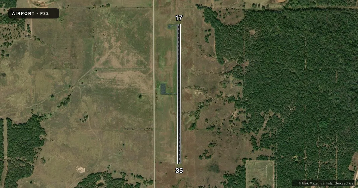 Top-down satellite sketch of F32 HEALDTON MUNI in HEALDTON, OKLAHOMA, showing runways 17/35 drawn to scale over Esri World Imagery