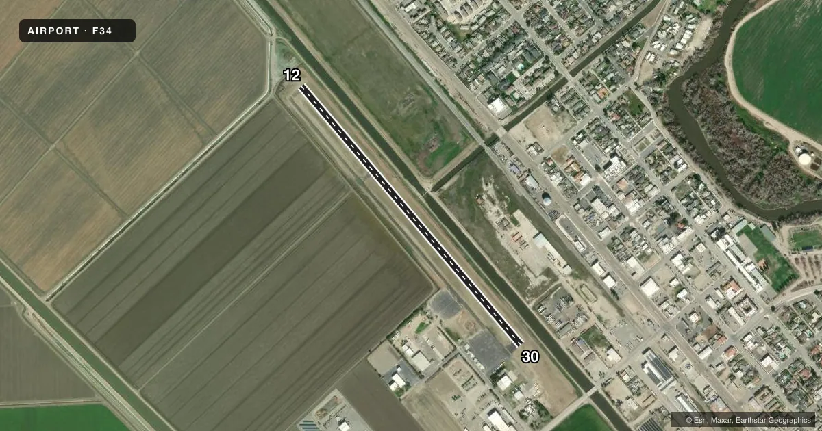 Top-down satellite sketch of F34 FIREBAUGH in FIREBAUGH, CALIFORNIA, showing runways 12/30 drawn to scale over Esri World Imagery