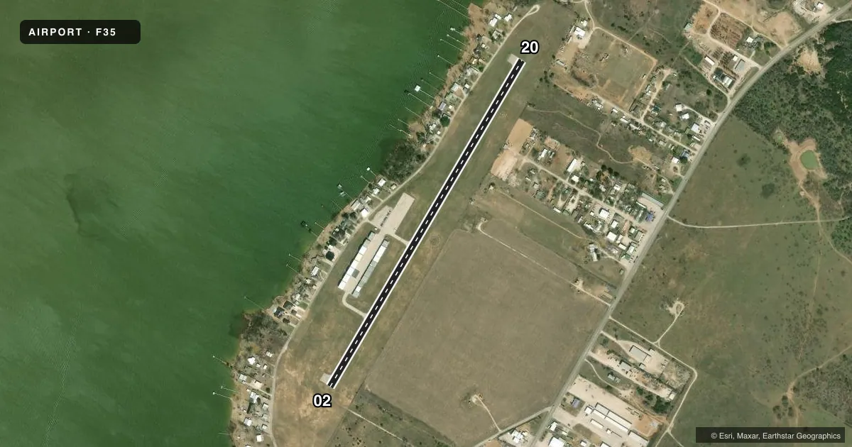 Top-down satellite sketch of F35 POSSUM KINGDOM in GRAFORD, TEXAS, showing runways 02/20 drawn to scale over Esri World Imagery