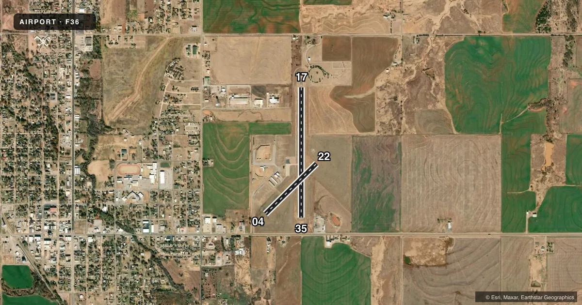 Top-down satellite sketch of F36 CORDELL MUNI in CORDELL, OKLAHOMA, showing runways 17/35, 04/22 drawn to scale over Esri World Imagery