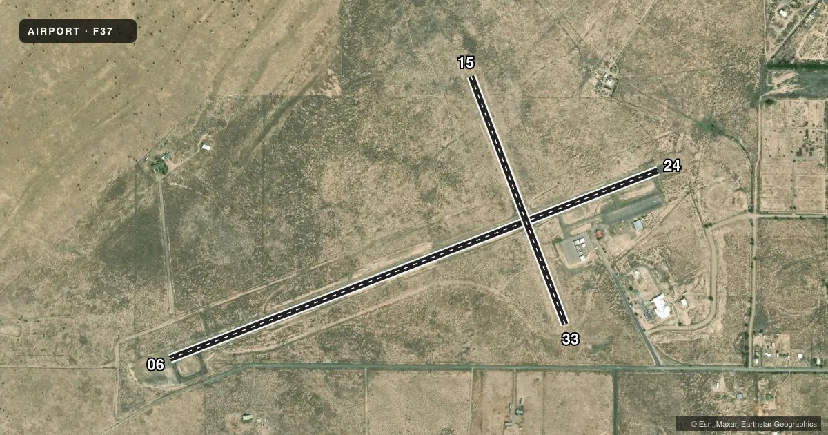 Top-down satellite sketch of F37 CARRIZOZO MUNI in CARRIZOZO, NEW MEXICO, showing runways 06/24, 15/33 drawn to scale over Esri World Imagery