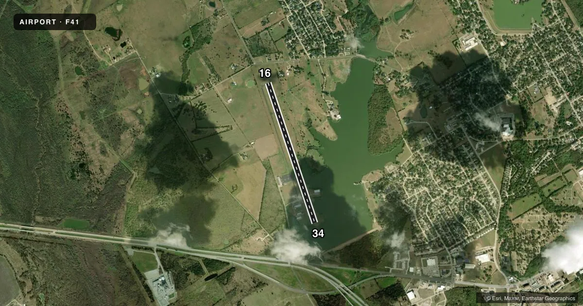 Top-down satellite sketch of F41 ENNIS MUNI in ENNIS, TEXAS, showing runways 16/34 drawn to scale over Esri World Imagery