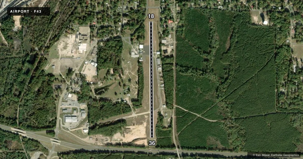 Top-down satellite sketch of F43 EL DORADO DOWNTOWN-STEVENS FLD in EL DORADO, ARKANSAS, showing runways 18/36 drawn to scale over Esri World Imagery