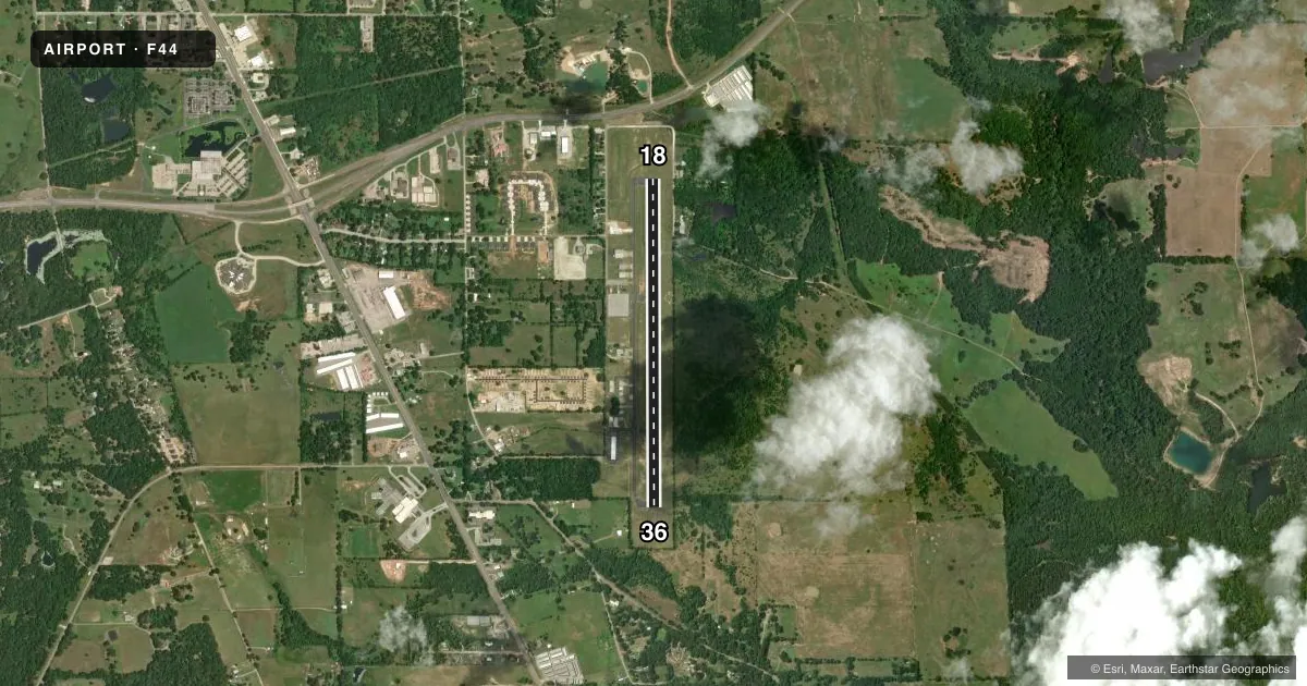 Top-down satellite sketch of F44 ATHENS MUNI in ATHENS, TEXAS, showing runways 18/36 drawn to scale over Esri World Imagery