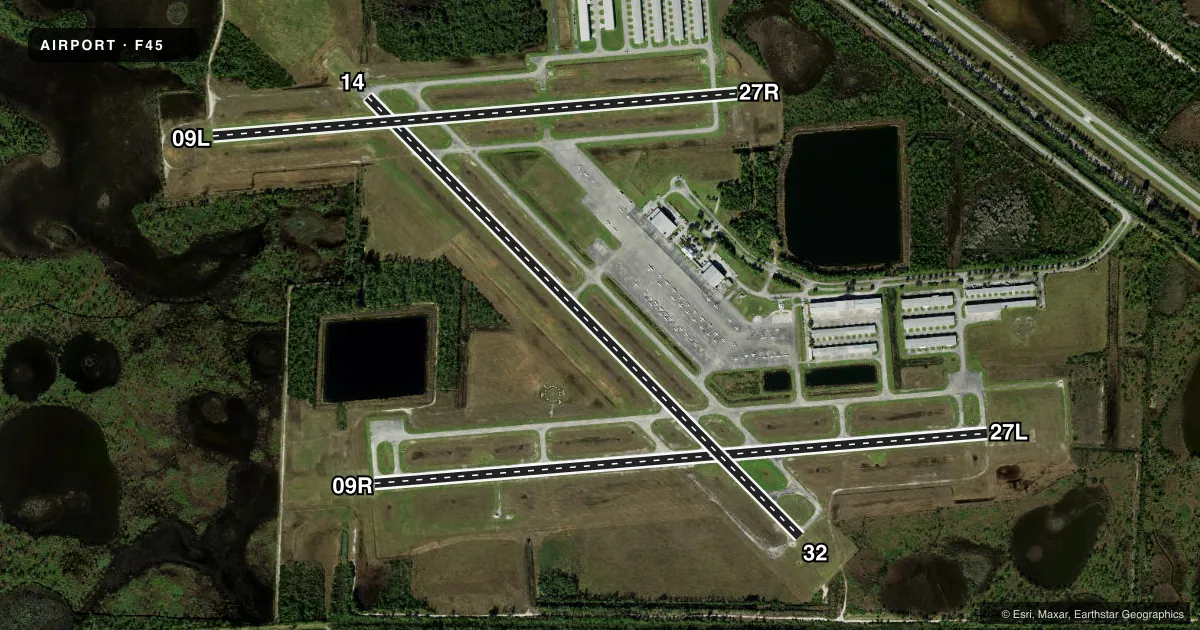 Top-down satellite sketch of F45 NORTH PALM BEACH COUNTY GENERAL AVIATION in WEST PALM BEACH, FLORIDA, showing runways 09R/27L, 14/32, 09L/27R drawn to scale over Esri World Imagery