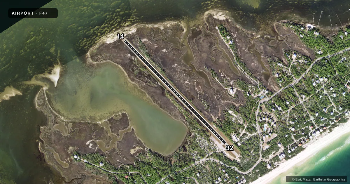 Top-down satellite sketch of F47 ST GEORGE ISLAND in APALACHICOLA, FLORIDA, showing runways 14/32 drawn to scale over Esri World Imagery