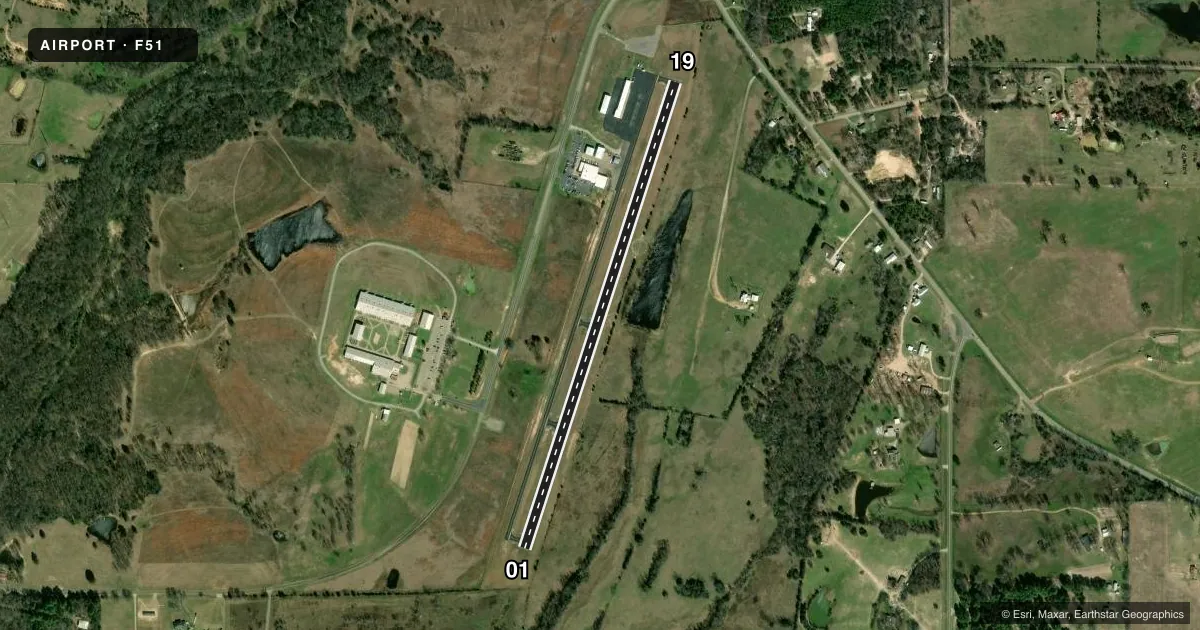 Top-down satellite sketch of F51 WINNSBORO MUNI in WINNSBORO, TEXAS, showing runways 01/19 drawn to scale over Esri World Imagery