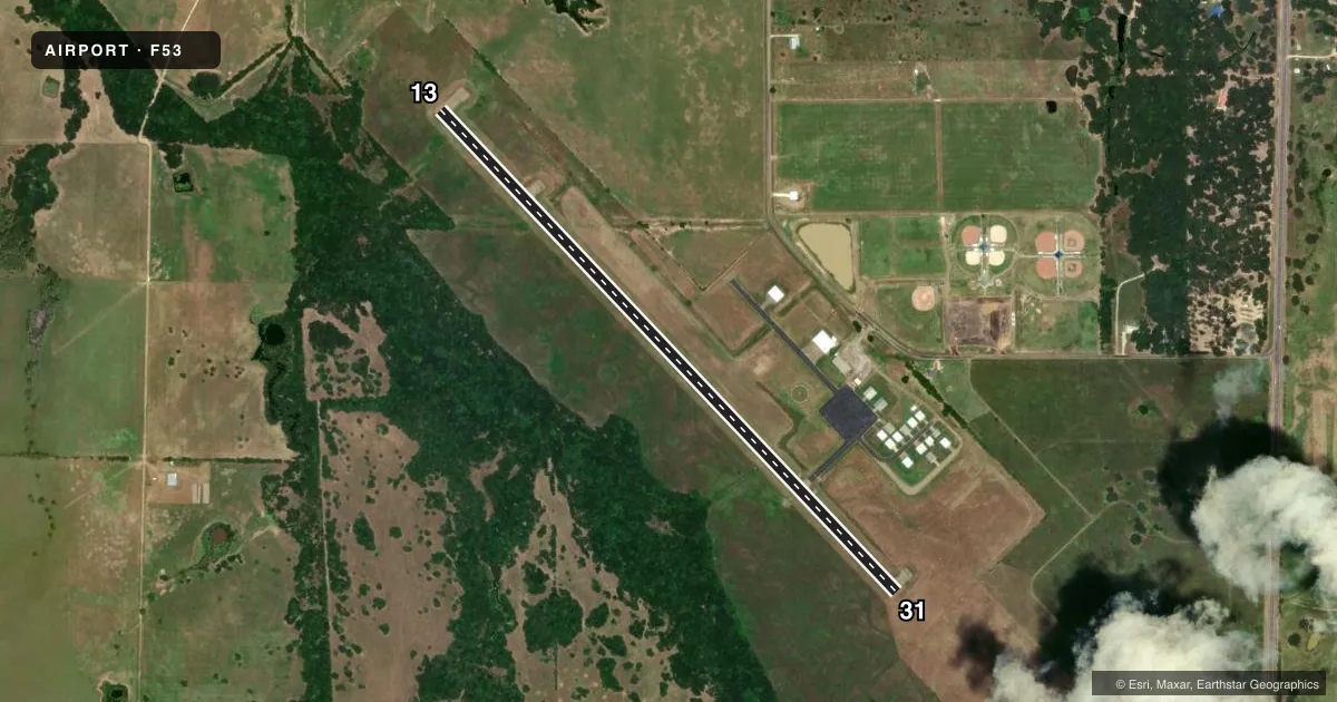 Top-down satellite sketch of F53 FRANKLIN COUNTY in MOUNT VERNON, TEXAS, showing runways 13/31 drawn to scale over Esri World Imagery