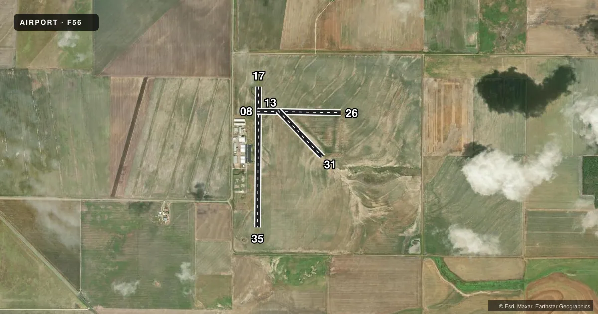 Top-down satellite sketch of F56 ARLEDGE FLD in STAMFORD, TEXAS, showing runways 17/35, 08/26, 13/31 drawn to scale over Esri World Imagery