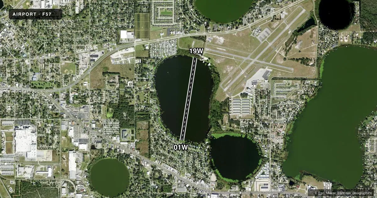 Top-down satellite sketch of F57 JACK BROWNS in WINTER HAVEN, FLORIDA, showing runways 01W/19W drawn to scale over Esri World Imagery