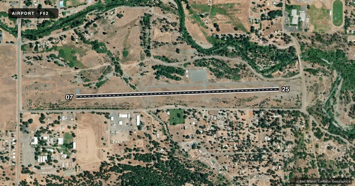 Top-down satellite sketch of F62 HAYFORK in HAYFORK, CALIFORNIA, showing runways 07/25 drawn to scale over Esri World Imagery