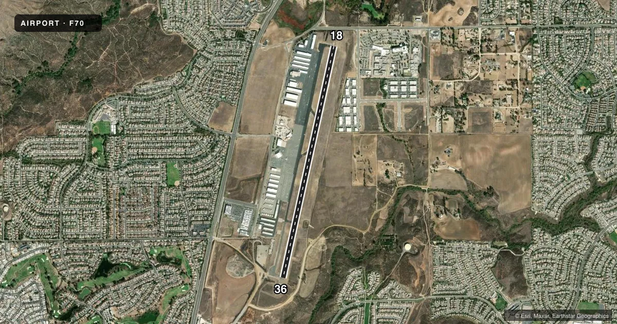 Top-down satellite sketch of F70 FRENCH VALLEY in MURRIETA/TEMECULA, CALIFORNIA, showing runways 18/36 drawn to scale over Esri World Imagery