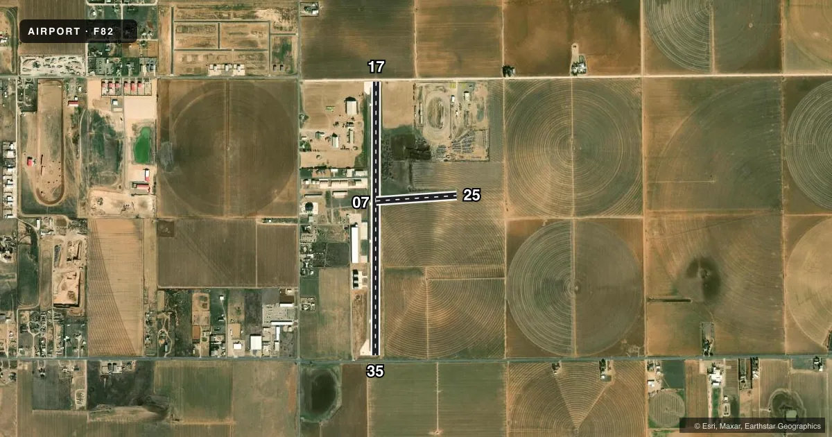 Top-down satellite sketch of F82 LUBBOCK EXEC AIRPARK in LUBBOCK, TEXAS, showing runways 17/35, 07/25 drawn to scale over Esri World Imagery
