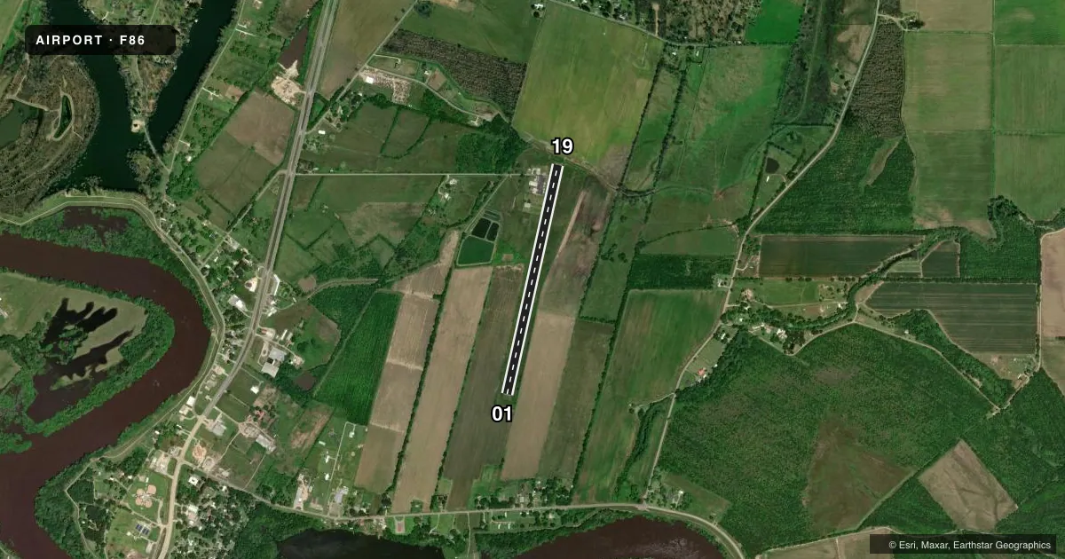 Top-down satellite sketch of F86 CALDWELL PARISH in COLUMBIA, LOUISIANA, showing runways 01/19 drawn to scale over Esri World Imagery